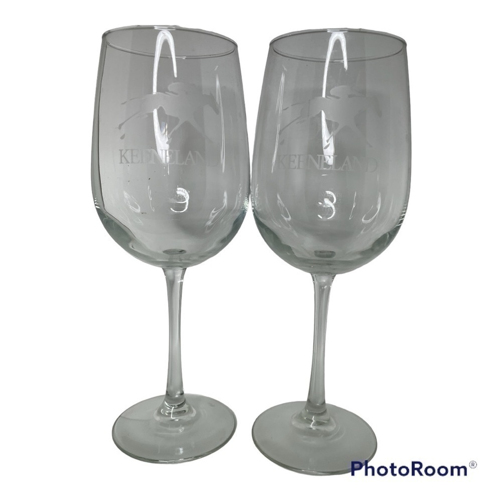 Set of 2 etched Keeneland horse racing wine glasses